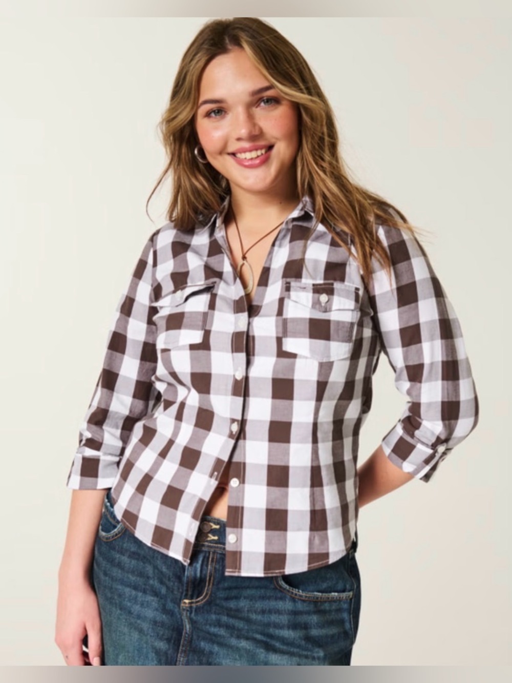 Hollister Easy Button Front Icon Shirt Brown and White Checkered Size M NWT